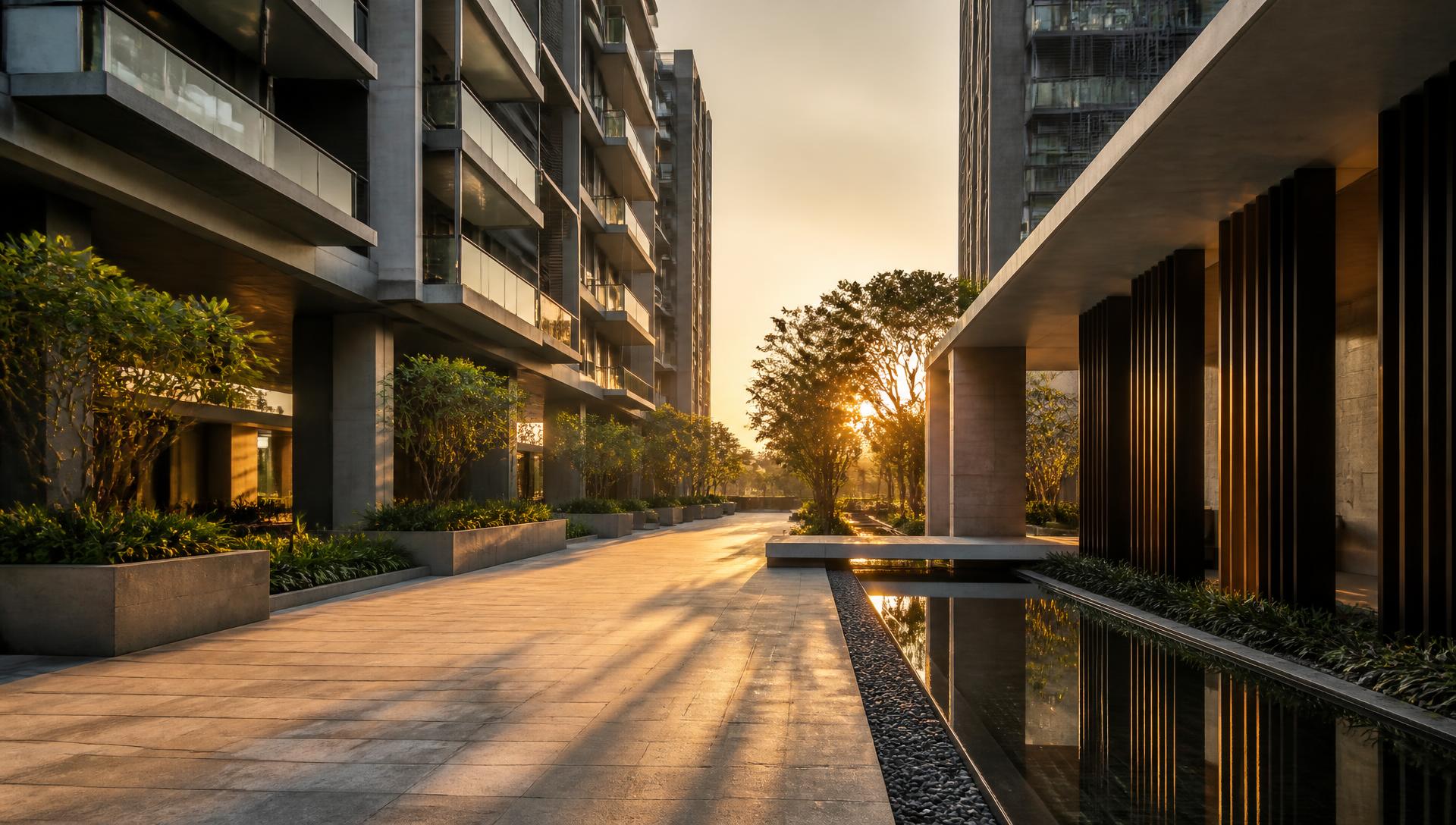 Completed residential building courtyard at sunrise with concrete colonnades and a reflecting water channel