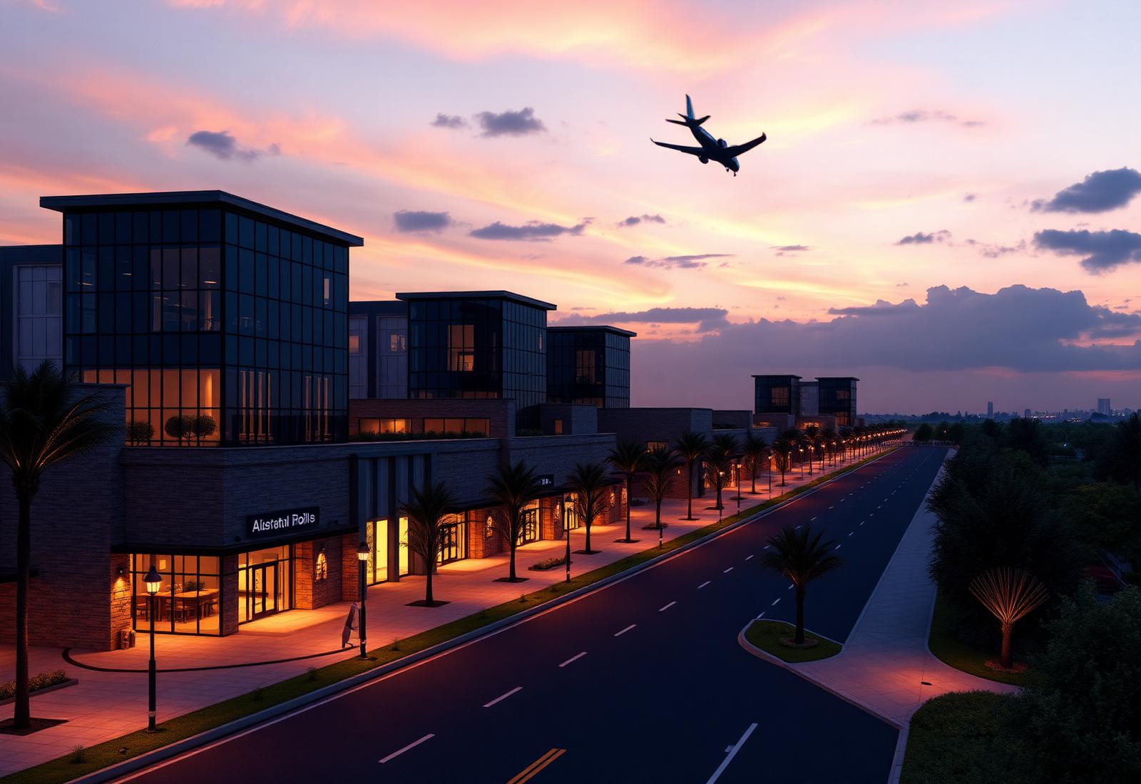Commercial retail and office blocks in glass and stone along a wide landscaped avenue near an airport at dusk