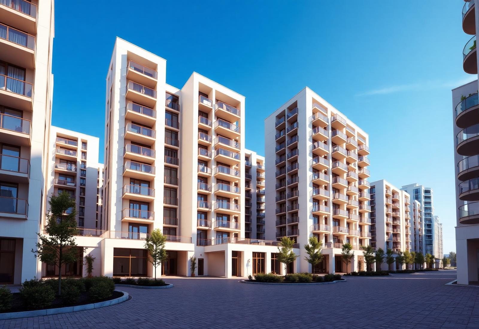 Modern residential development of mid-rise apartment blocks with deep balconies around a paved plaza