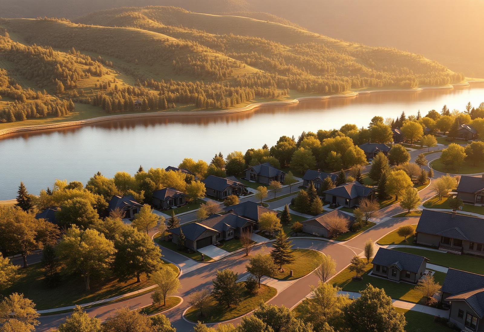 Residential community of homes along curving tree-lined roads beside a lake in a valley at golden hour