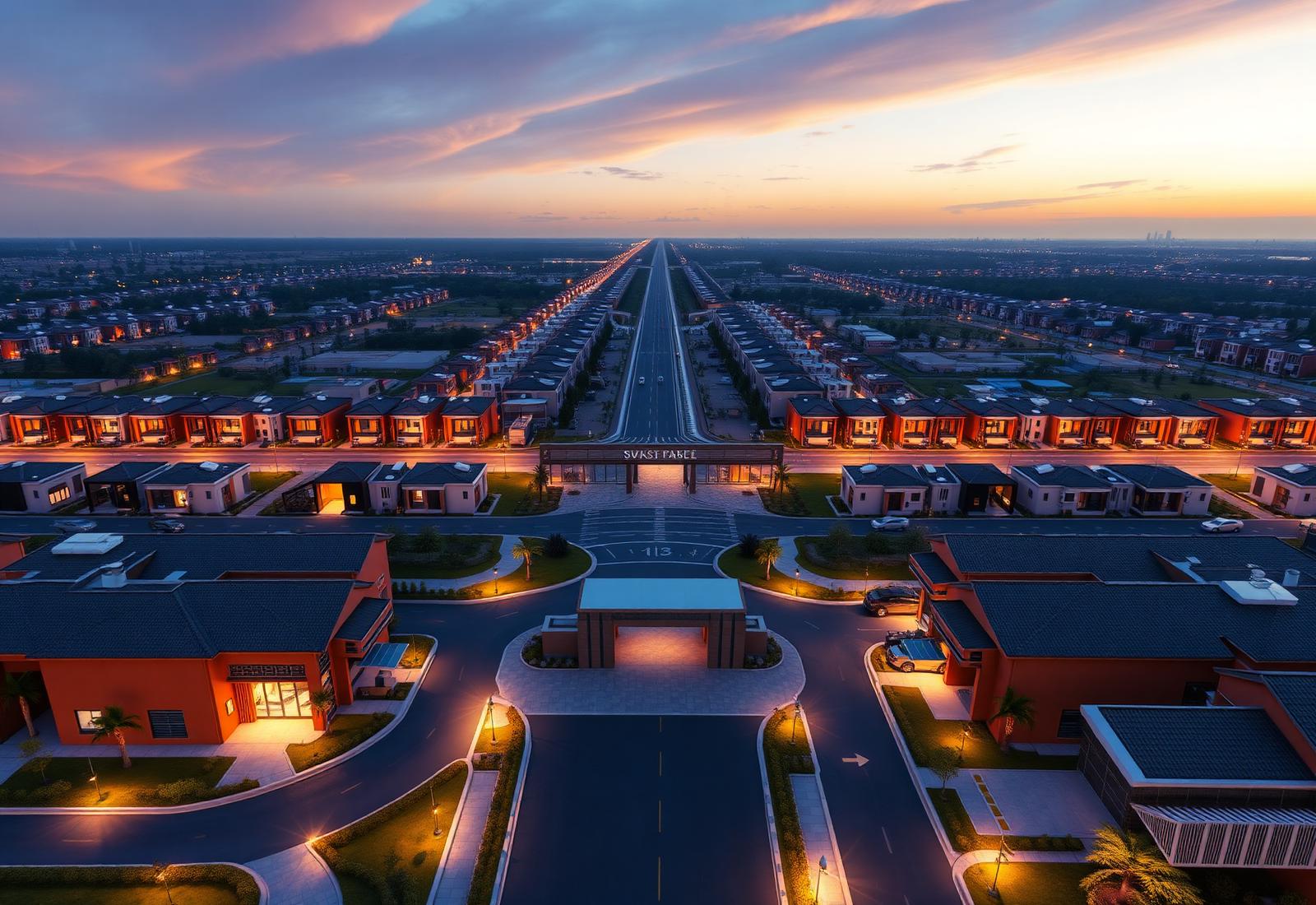 Aerial dusk visualization of a premium planned residential township with wide boulevards and a lit entrance plaza
