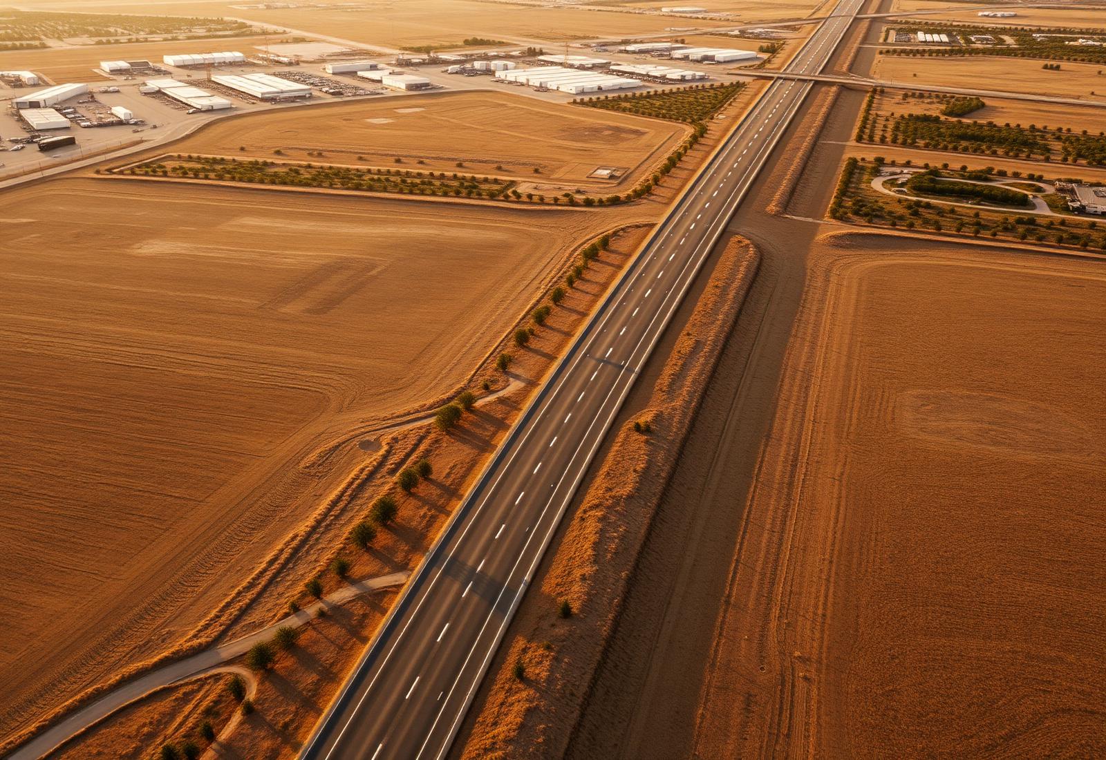 Aerial view of a growth corridor along a newly built highway with plotted land parcels and roadside planting
