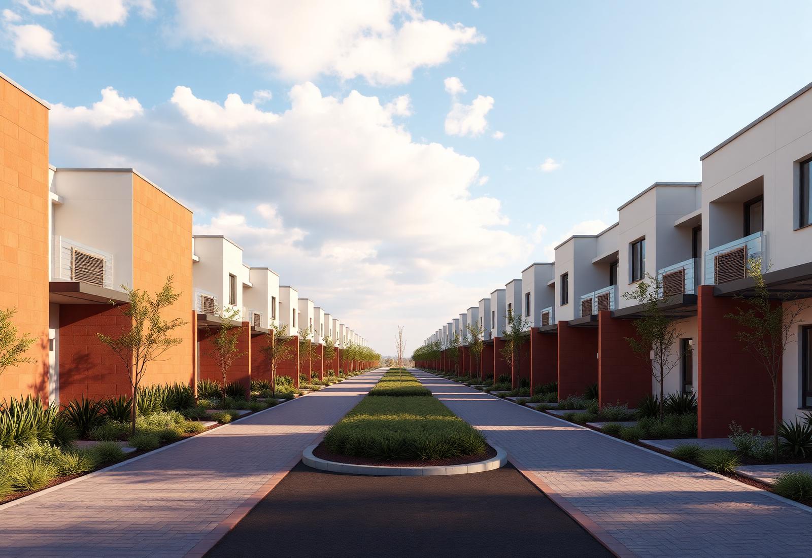 Contemporary residential street of duplex homes with terracotta screen walls and a landscaped median