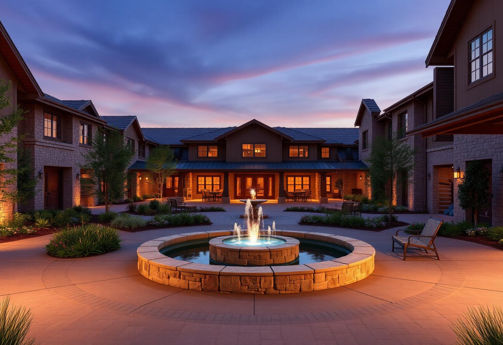 Quiet premium residential courtyard with a stone water feature, shaded seating and warm evening lighting