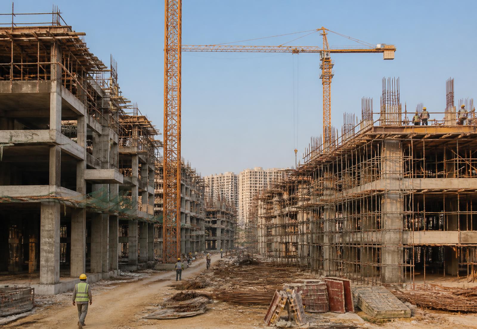 Active township construction site with exposed concrete frames, scaffolding and a tower crane under warm sunlight
